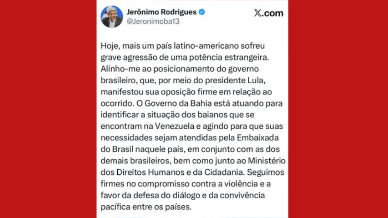 1 Jerônimo Rodrigues condena ação dos EUA na Venezuela e diz que Bahia acompanha situação de baianos